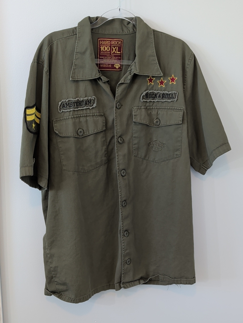 Hard Rock Cafe Olive Green Military Patch Button-Down Shirt XL Amsterdam